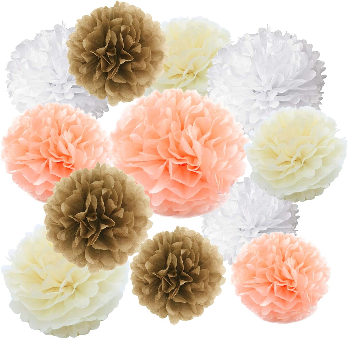 Gold Fortune 24PCS (Mix 8",10",12" With 4 Colors) Party Tissue Paper Pom Poms Kit Flower Ball for Wedding Birthday Baby Shower Bachelorette Nursery Decor and Party Outdoor Decora (Champagne and Peach)