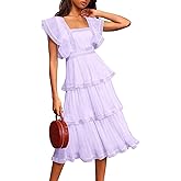 ETCYY Women's Summer Ruffle Dress Tiered Layed Chiffon Lace Short Sleeve Boho Floral Print Party Wedding Guest Maxi Dresses