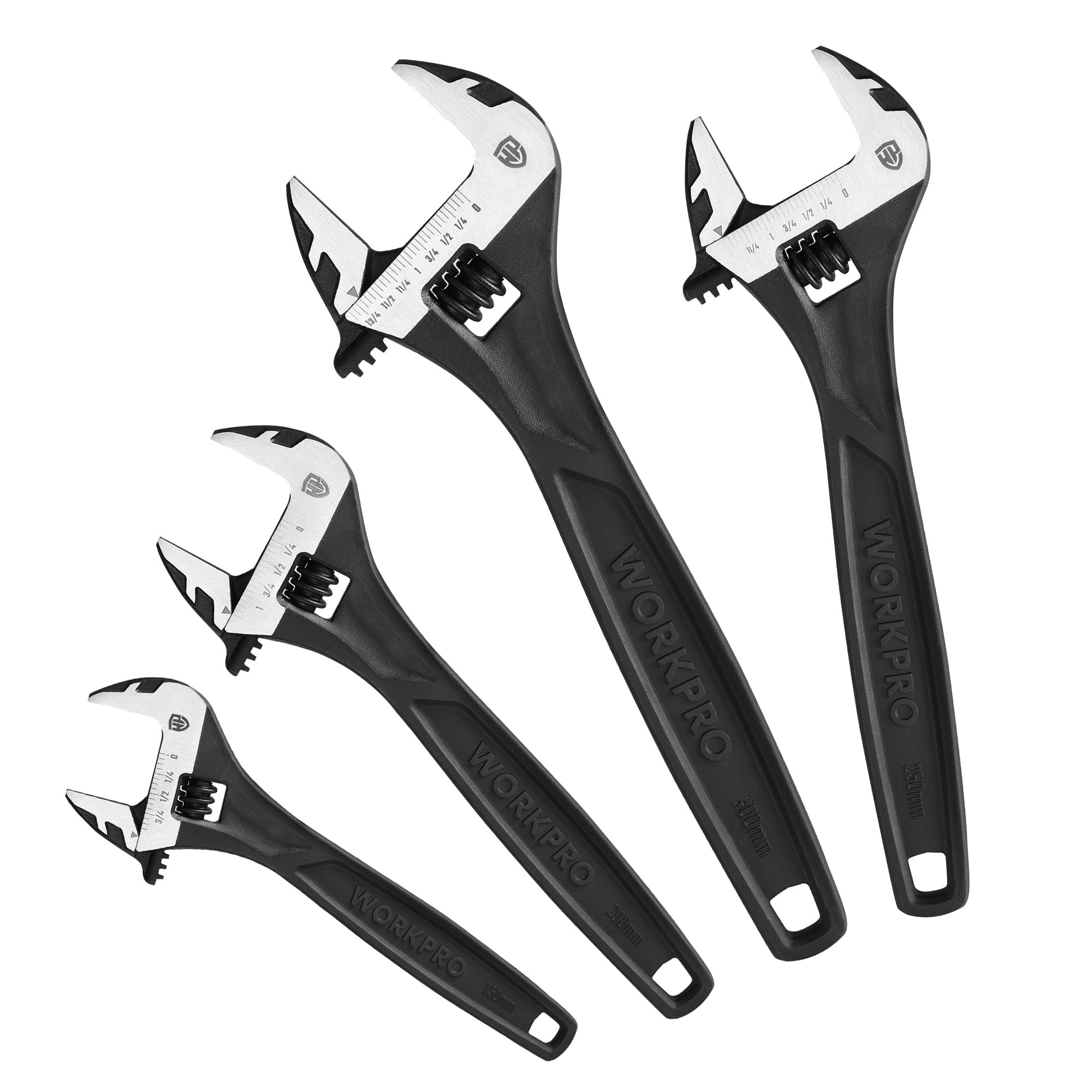 WORKPRO 4-piece Adjustable Wrench Set, 6-inch, 8-inch, 10-inch, 12-inch, Cr-V Steel, Corrosion-Resistant Black Oxide Finish for Automotive Plumbing and Household Repairs Image