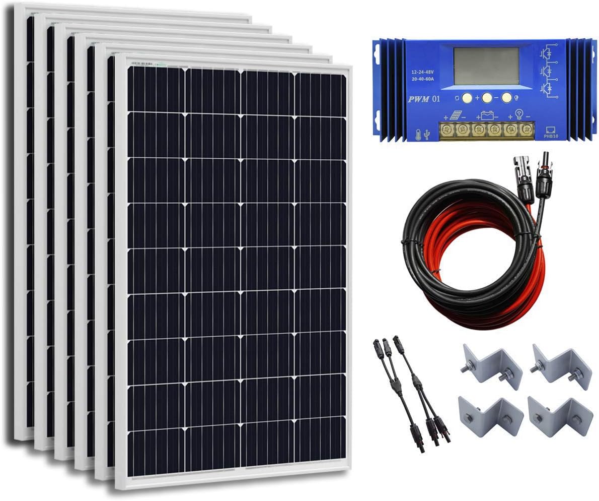 Eco Worthy 24 Volts 600 Watts Solar Power System Off Grid 6pcs 100w Mono Solar Panel 60a Charge Controller 16ft Solar Cable Adapter Y Mc4