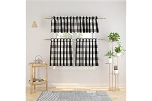 NATUS WEAVER 3 Pc Cotton Classic Country Farmhouse Kitchen Window Curtain -Black & White Buffalo Check Tier & Valance Set, 54" x 18" / 27" x 36"