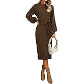 MIROL Women's 2026 Fall Sweater Dress Crew Neck Long Puff Sleeve Tie Waist Knit Midi Dress with Belt