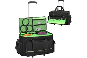 FIHUTED Large Rolling DJ Cable Bag, Green Padded Gig Bag with Detachable Trolley & Divider, 600D Oxford Music Gear Case with Multi Pockets for 15.6" Laptop, DJ Cables, Microphones, Sound Equipment Storage