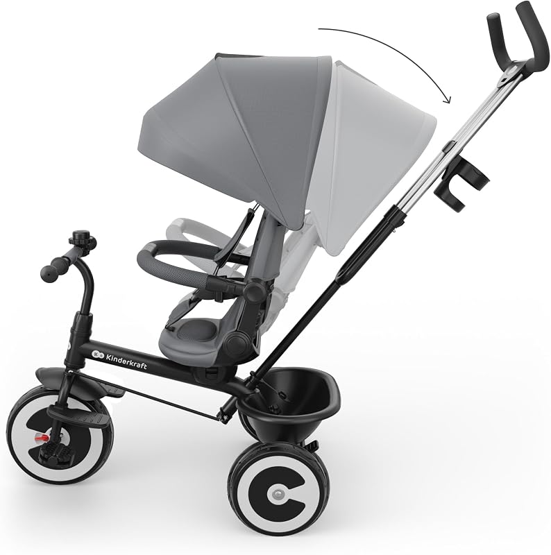 Aston 2 PRO Dreirad, Schiebestange, 360° Sitz, Verdeck, Grau