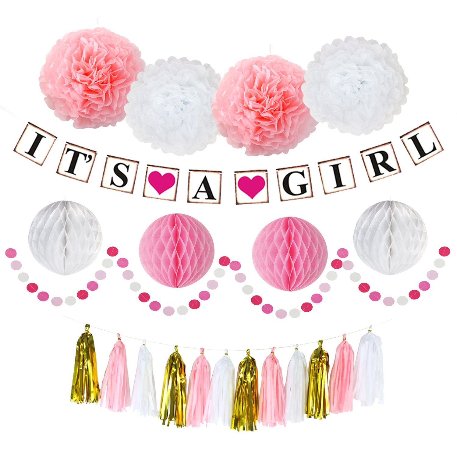 YoTruth Pink Baby Shower Decorations for Girl Paper decorations Set with It\'s a Boy Banner Pom poms Flowers Honeycomb paper Balls Tassels feet dot garland