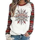 CUEPANDA Women's Aztec Print Long Sleeve Shirt Western Crew Neck Tops Casual Oversized Blouse
