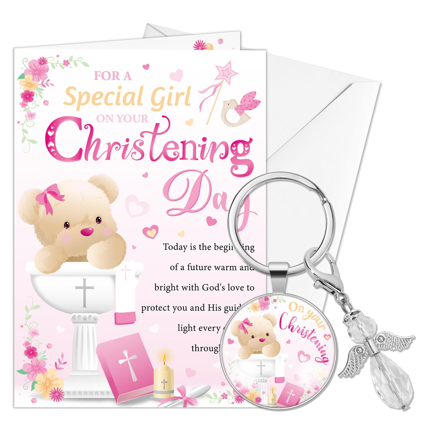 HOWAF Christening Cards for Girls, Christening Card for Special Girl with Cute Christening Keyring, Unique Christening Gifts for Girls, Christening Presents for Girls, Baby Girl Christening Gift