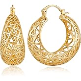 WOWORAMA Gold Filigree Hoop Earrings for Women 14K Gold Plated Thick Chunky Hoop Earrings Boho Vintage Filigree Earrings Wide Large Openwork Hoop Earrings