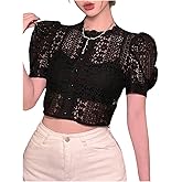 SweatyRocks Women's Lace Button Down Blouse Sheer Mesh Short Puff Sleeve Elegant Crop Tops