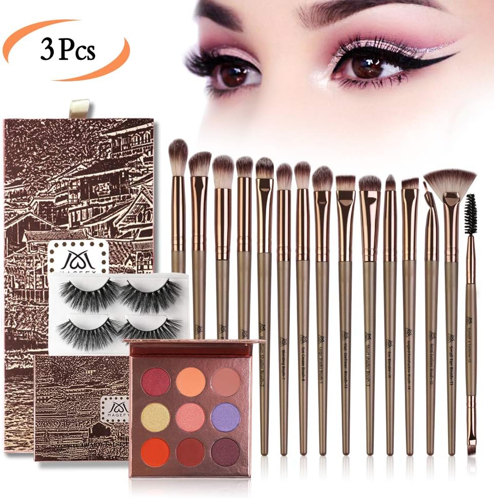 MAGEFY Makeup Set of 15Pcs Makeup Brushes 2 Pairs Eyelashes 9 Colors Eyeshadow Palette for Natural Look Professional Eye Makeup Tool Brush Set Eyeshadow Blush Brush