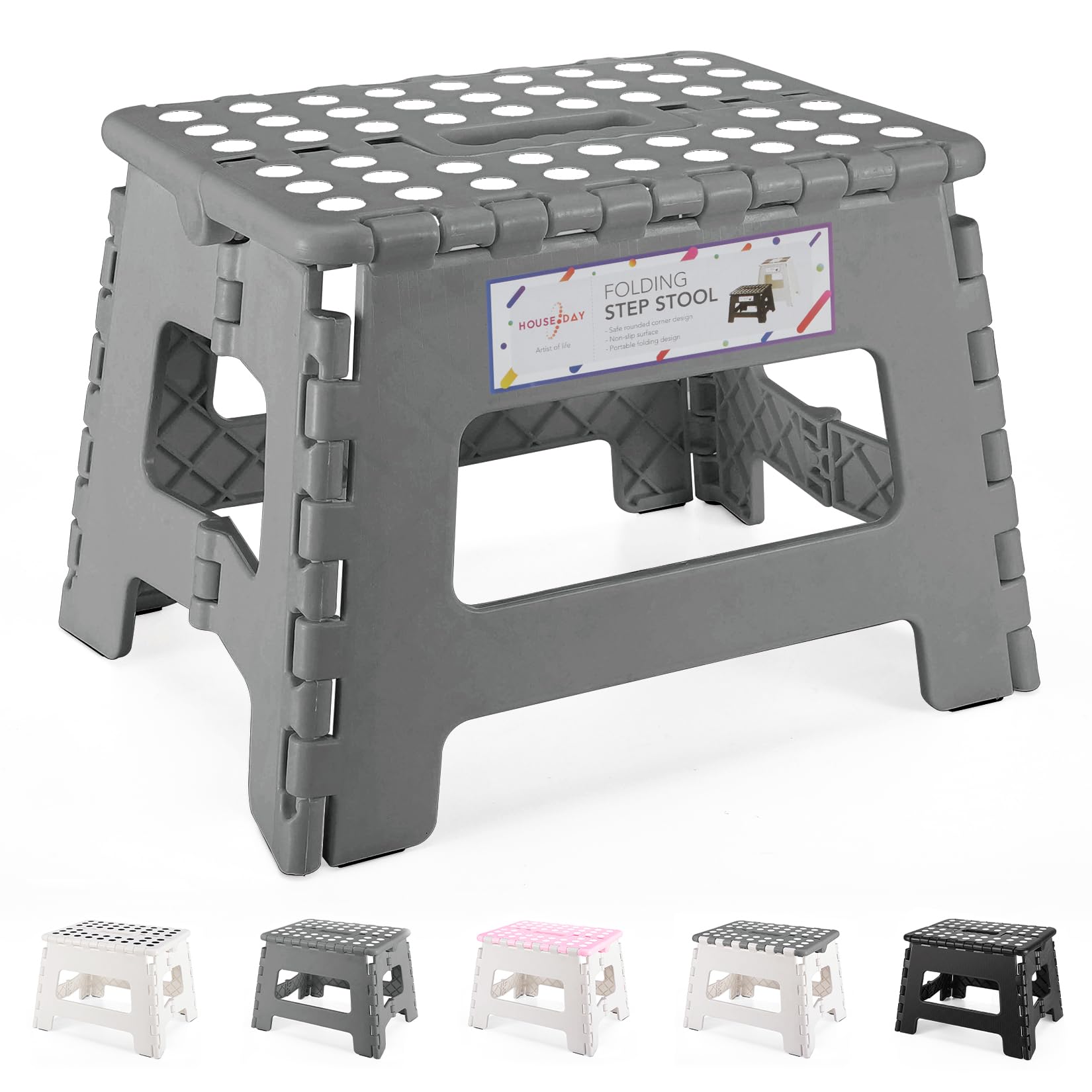 HOUSE DAY Folding Step Stool 9 Inch, Sturdy Foldable Stool with Carry Handle, Collapsible Step with Non-Slip Surface for Kids And Adults, Portable & Compact Design for Kitchen, Bathroom, Camping-Grey