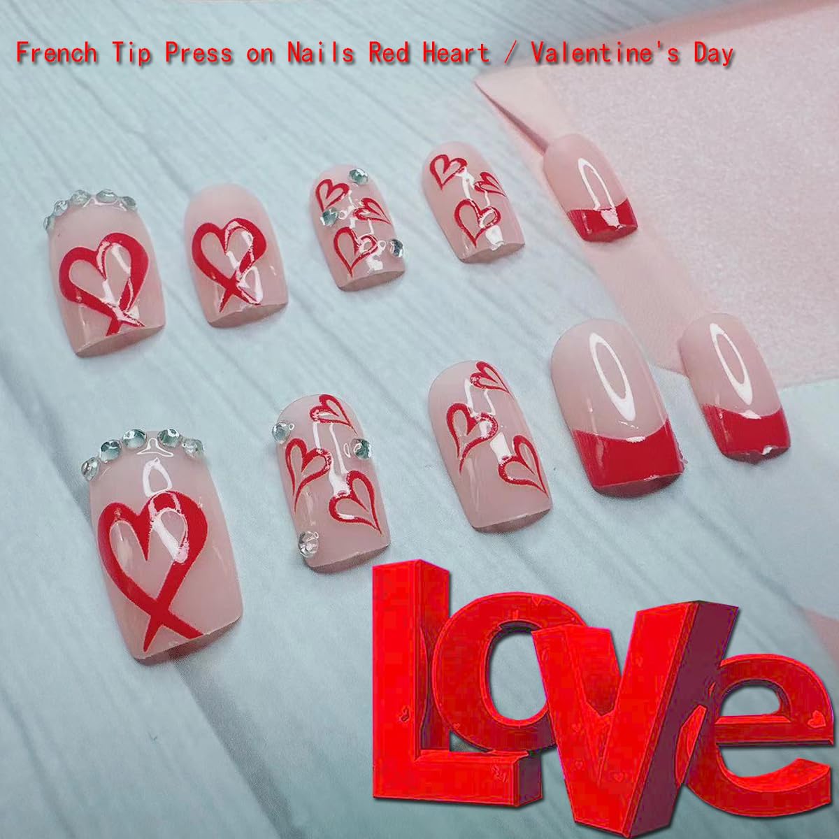 Square Press on Nails Medium -French Tip Press on Nails Red Heart Deign,Glossy Pink Fake Nails with Rhinestone Design,Reusable Artificial False Nails with Glue on Nails Valentine's Day for Women 24PCS - Image 3