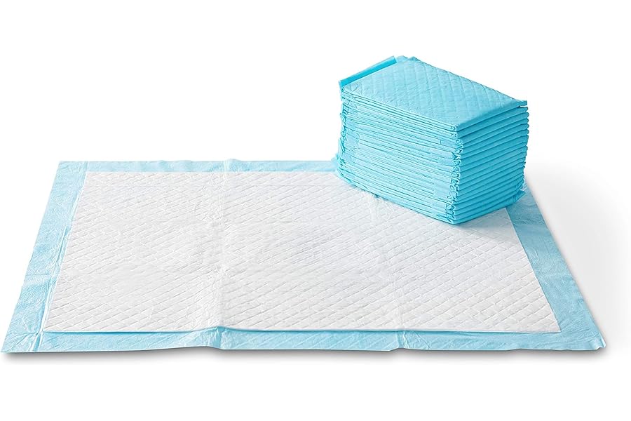 Amazon Basics X-Large Heavy Duty Absorbent Puppy Potty Pads, Leak-Proof, Quick-Dry, Super Absorbent Gel Technology for Dog Training, 28 x 34 Inches, Blue & White, Pack of 50