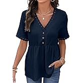 Dokotoo Womens Short Sleeve Babydoll Tops Lace Trim V Neck Cotton Tunic Shirts for Women 2026 Summer Ruffled Hem Blouses