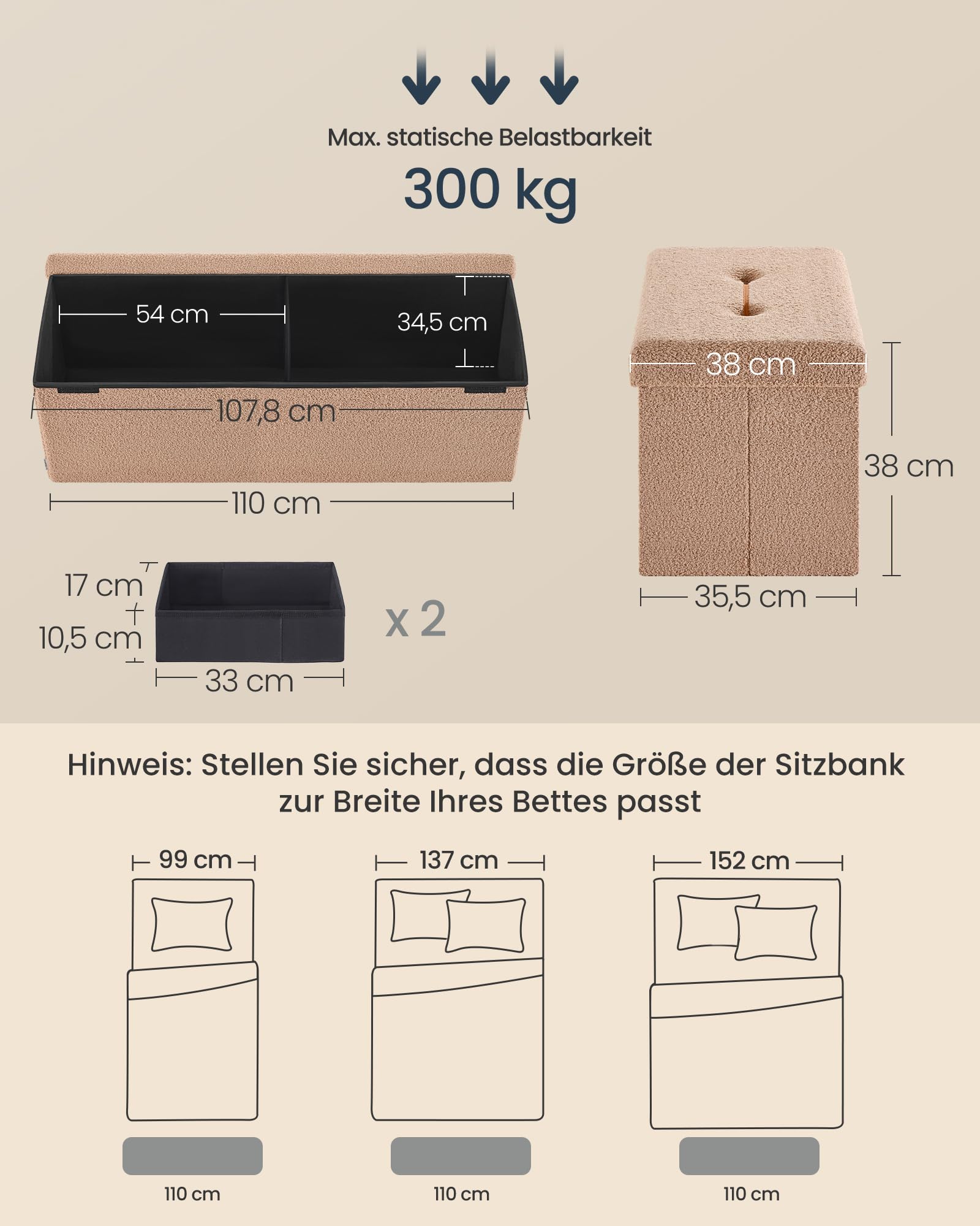 SONGMICS Hocker mit Stauraum, Faltbarer Sitzhocker, 38 x 110 x 38 cm Fußhocker, Sitzbank, Bettbank, Aufbewahrungsbox, bis 300 kg belastbar, Wohnzimmer Schlafzimmer Flur, Kamelbraun LSF097K01V1 3
