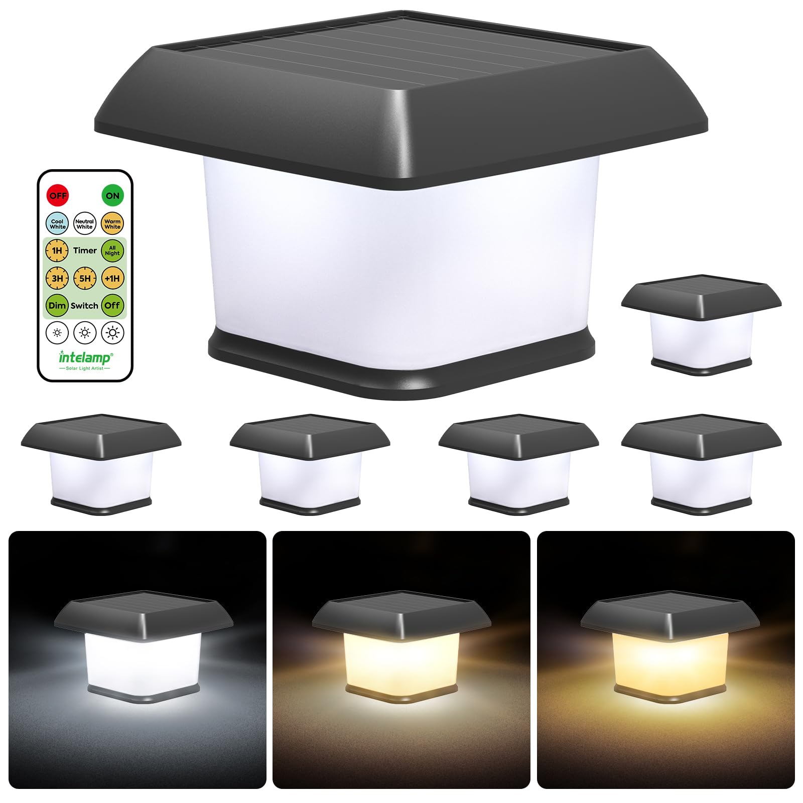 Intelamp Solar Fence Post Cap Lights, 6-Pack With Remote Control - White, Neutral, Warm White, Waterproof for 3.4x3.4, 4x4, 5x5 Inch Wood/Vinyl Fence, Garden, Deck