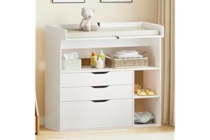 Pipleo Baby Changing Table Dresser with 3 Drawers and 3 Storage Shelves, Can be Used as a Baby Dresser with Changing Table Top, a Baby Changing Station, a Wood Diaper Changing Station (White)