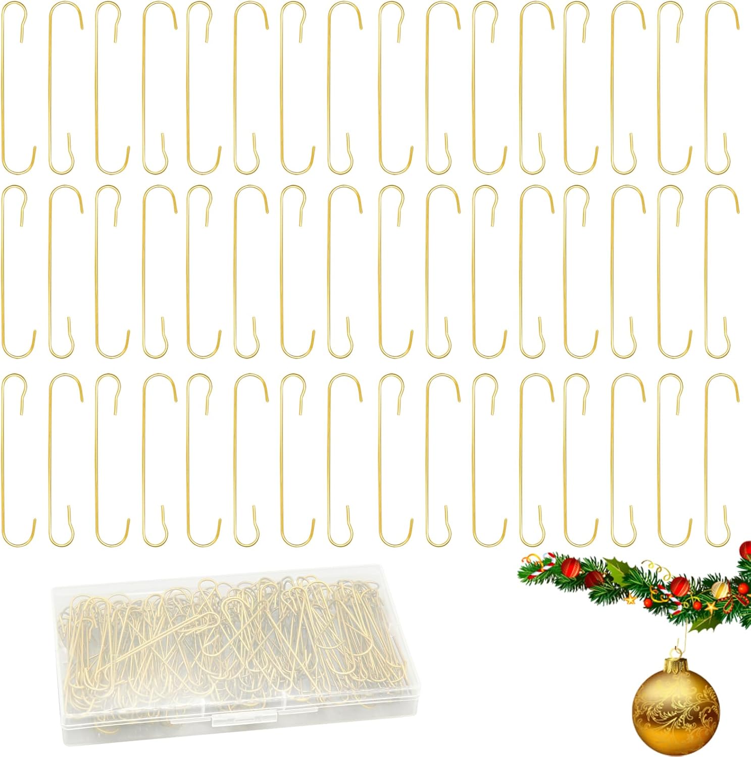Ornament Hooks - 200PCS Christmas Ornament Hooks, C Shape Christmas Ornament Hangers, Metal Christmas Tree Hooks with Storage Box, Small Ornament Christmas Hooks for Christmas Balls Christmas Decorations (Gold)
