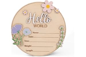 CUNCUN Hello World Wooden Baby Birth Announcement Sign – Raised Floral Name Plaque with 3D Lettering – Baby Stats Board for Photo Prop or Nursery Display