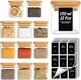 ComSaf 12 Pcs Glass Spice Jars 120ml with Bamboo Lids Square Airtight Label view 1