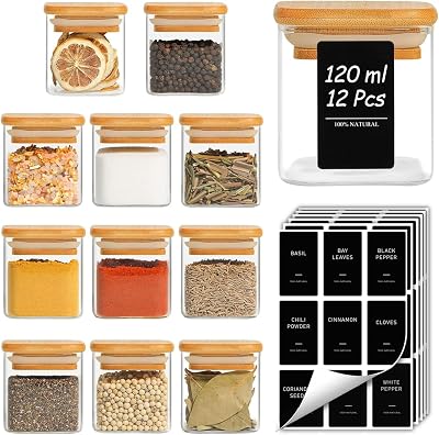 ComSaf 12 Pcs Glass Spice Jars 120ml with Bamboo Lids Square Airtight Label