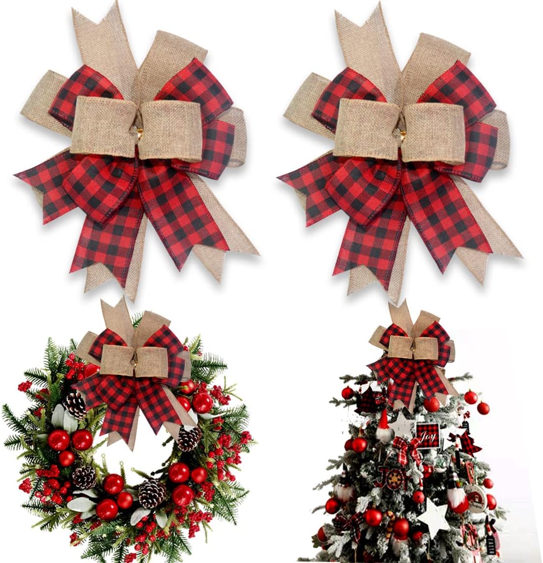 Bows & Ribbons - Hongsome Buffalo Plaid Burlap Bows for Wreath 2 Pack,12”x9.4”Large Rustic Christmas Tree Topper Bow Decoration for Wedding Holiday Birthday Party Wall Home Front Door Decorative Ornaments(Black&Red)