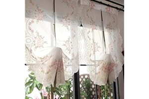A.Monamour Short Curtain for Small Window Sheer Transparent Floral Embroidery Voile Lace Balloon Curtain Roman Shades Window Treatment Tie Up Cottage Adjustable Tieup, Rod Pocket/Pinch Pleat, 1 Panel
