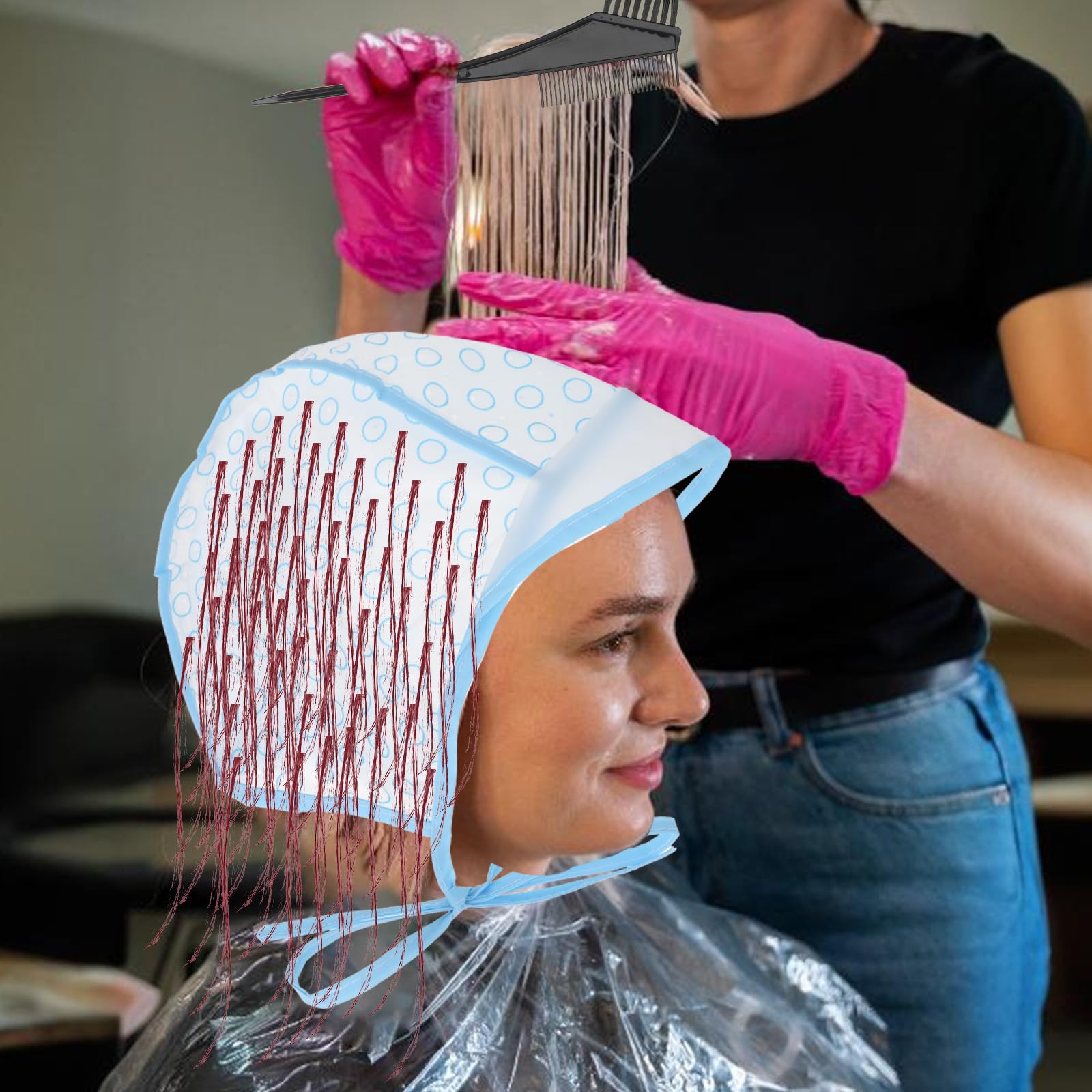 3 Pcs Hair Highlighting Caps, Bleach Cap Coloring Frosting Dye Kit, Highlighting Kit, Highlight Cap with Hooks Highlight Hair Coloring Frosting Dye Kit for Salon Hair Dyeing Hairdressing