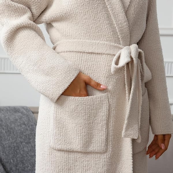 MH MYLUNE HOME ULTRA SOFT ROBE WITH POCKETS, SPA BATHROBE LOUNGEWEAR CALF-LENGTH, PLUSH FUZZY FLUFFY WRAP ROBE FOR WOMEN, WOMEN’S ROBES, HOODED RIBBED TAUPE