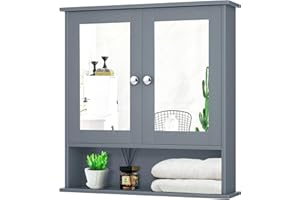 Giantex Bathroom Wall Cabinet with 2 Mirror Doors and Adjustable Shelf, Hanging Wooden Medicine Cabinet Storage Organizer, Ba
