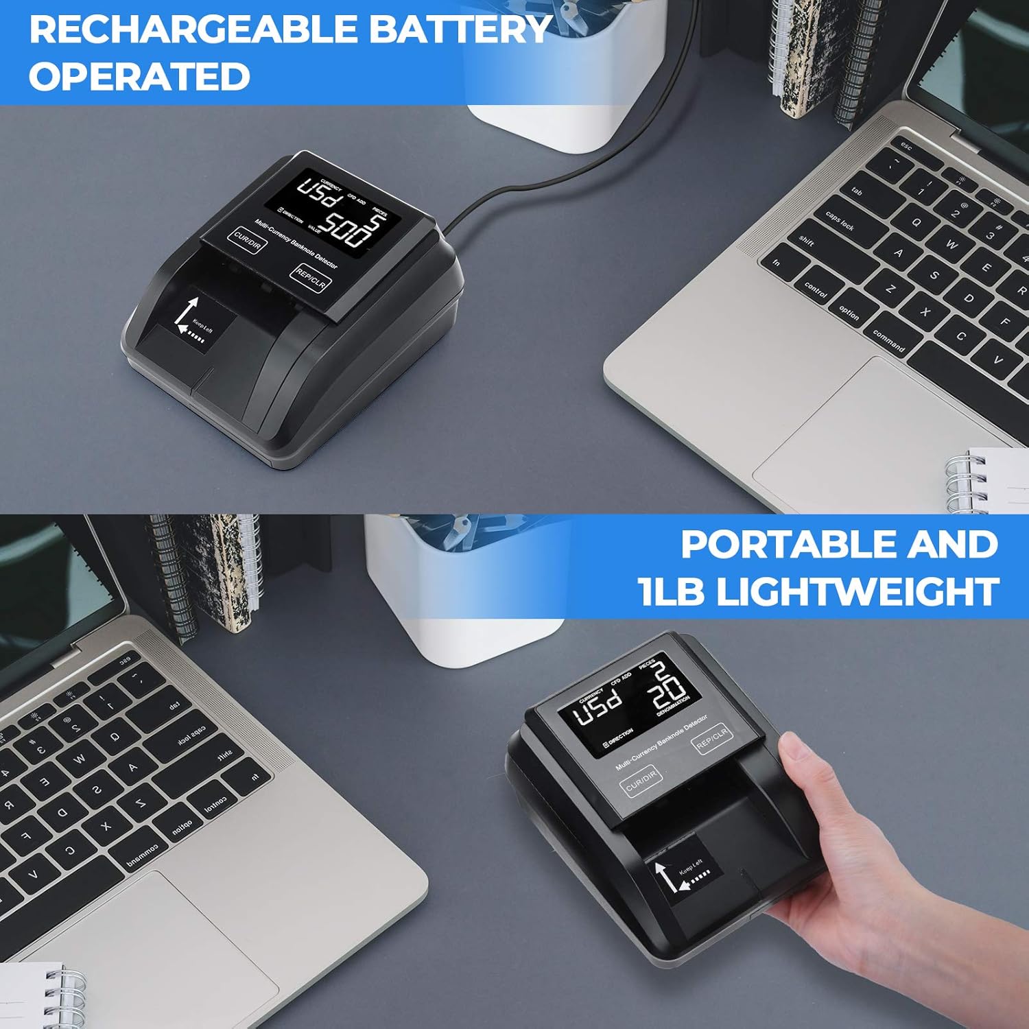MUNBYN Portable Counterfeit Bill Detector Machine, Value Counting, 4 Orientation, Ultra-Compact, UV MG IR Detection, Multi Currency, Rechargeable Counterfeits Money Detector for Cashier, Driver : Office Products