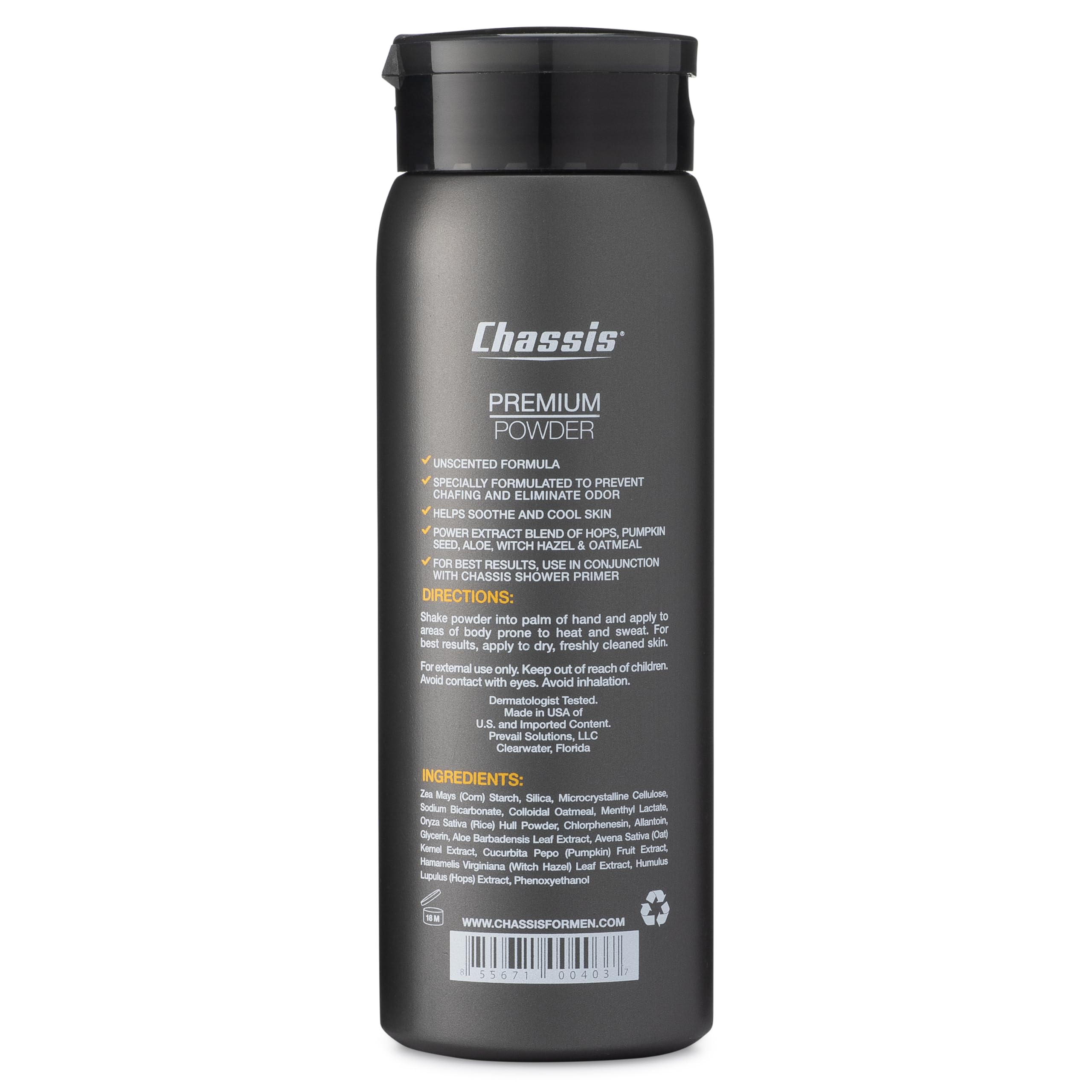 Chassis Unscented Powder for Men, Premium Natural Body Powder with Odor-Absorbing Formula, Non-Talcum Powder Free of Aluminum, Menthol, and Parabens, Anti-Chafing Powder to Reduce Sweat