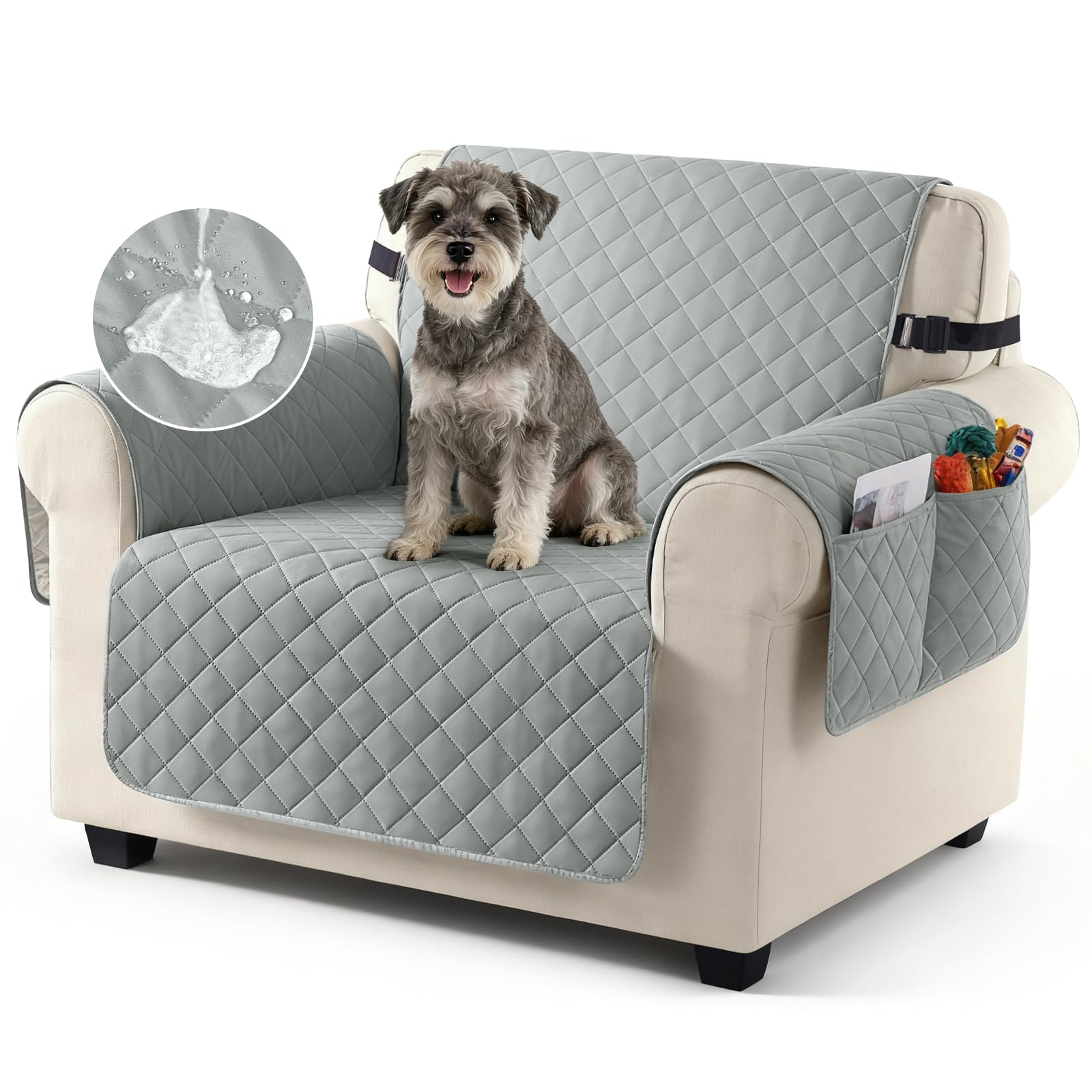 TAOCOCO Sofa Covers 100% Waterproof Sofa Slipcovers 1 Seater,Settee Covers with Storage Pockets,Non Slip Couch Covers,Washable Sofa Protector for Kids/Dogs/Pets(Grey)