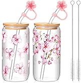 Baderke 2 Sets Cherry Blossom Glass Cup 16 oz Aesthetic Sakura Coffee Cup with Bamboo Lid Straw Cleaning Brush and Flowers Straw Cover Cap for Valentine's Day Wedding Birthday Gift(Classic Style)