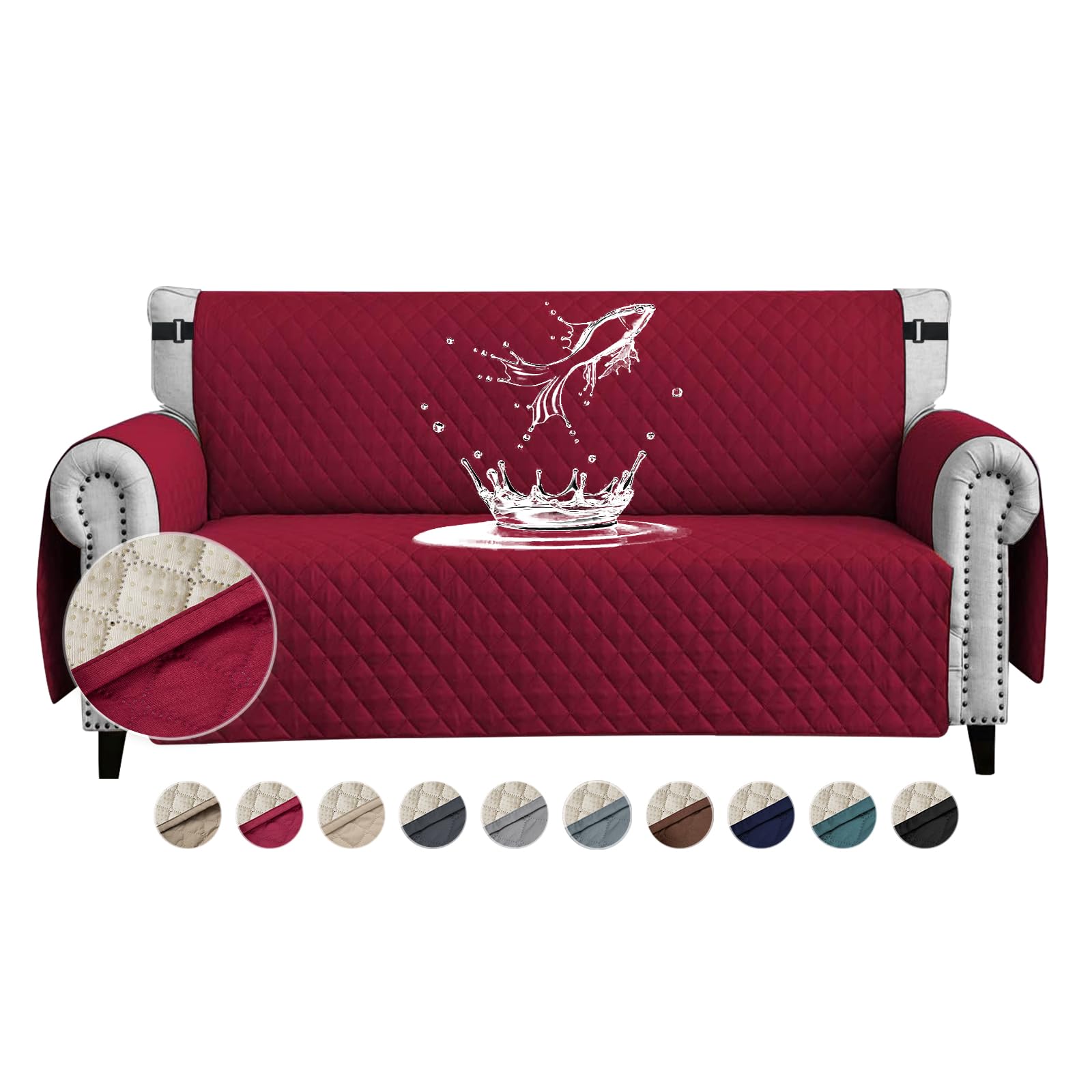 FIGOOO Sofa Covers Water Resistant Sofa Slipcovers 4 Seater Waterproof Anti-Slip Anti-Scratch Sofa Cover with Non Slip Elastic Straps for Dogs Cats Pets,Burgundy