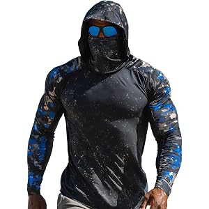 Fishing Shirts For Men Camo Long Sleeve Sun Hoodies With Face Mask Uv Protection Cooling Hooded Rash Guard Shirt