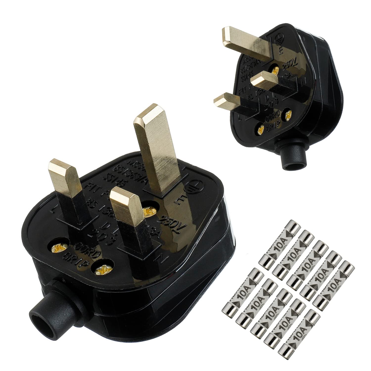 HUAREW 10A Fused Mains Plug With Cord Grip For UK Fuses Black (Pack of 2 pcs ）