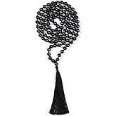 108 Mala Beads 8mm Natural black tourmaline Long Polished-Finish Genuine Semi-Precious Stone Long Crystal Mala Prayer Bead Necklace Or Bracelet for Yoga Meditation Energy Balancing