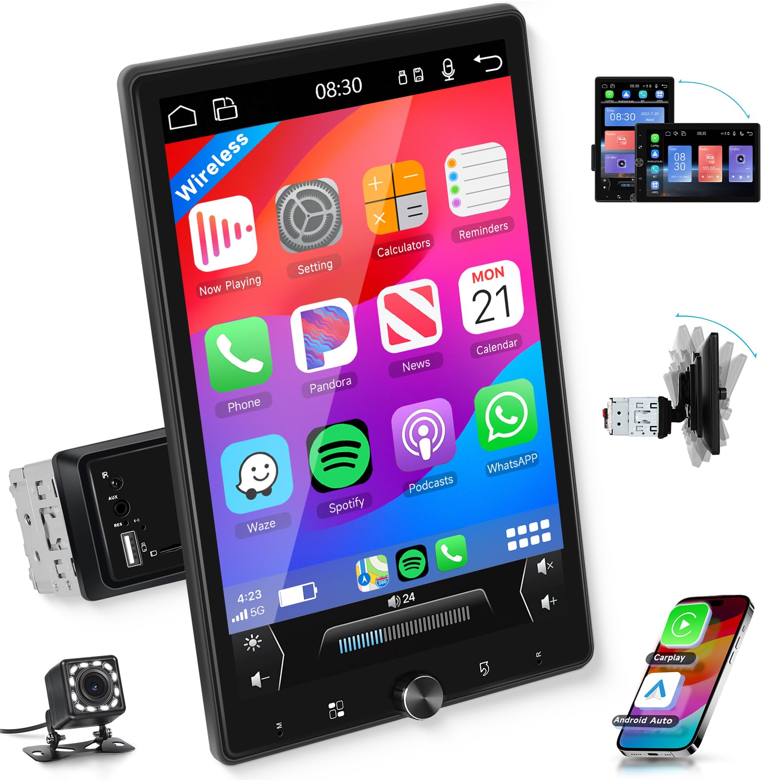 Photo 1 of 10.4“ Wireless CarPlay Stereo Single Din Car Radio,2025 Upgraded Rotatable HD IPS Touch Screen,Wireless Android Auto Car Play Screen Bluetooth RDS/FM EQ SWC USB/TF Backup Camera