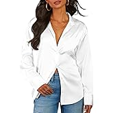 CBOO Women Elegant Satin Blouses Shirts, Soft Silk Shirts Top, Satin Button Down Shirts, Office Long Sleeve Blouse Shirt