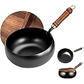 MACTANO Uncoated Iron Pan, Nonstick Wok Hand Forged Iron Pan with Lid Stir Fry Wok Skillet for Cooking - 9.44IN