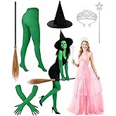Cotwinter 6 Pcs Halloween Green & Good Witch Costume Accessories Set Black Witch Hat, Broom, Green Gloves, Leggings, Princess Crown and Star Wand for Women Friends Musical Theater Cosplay Party