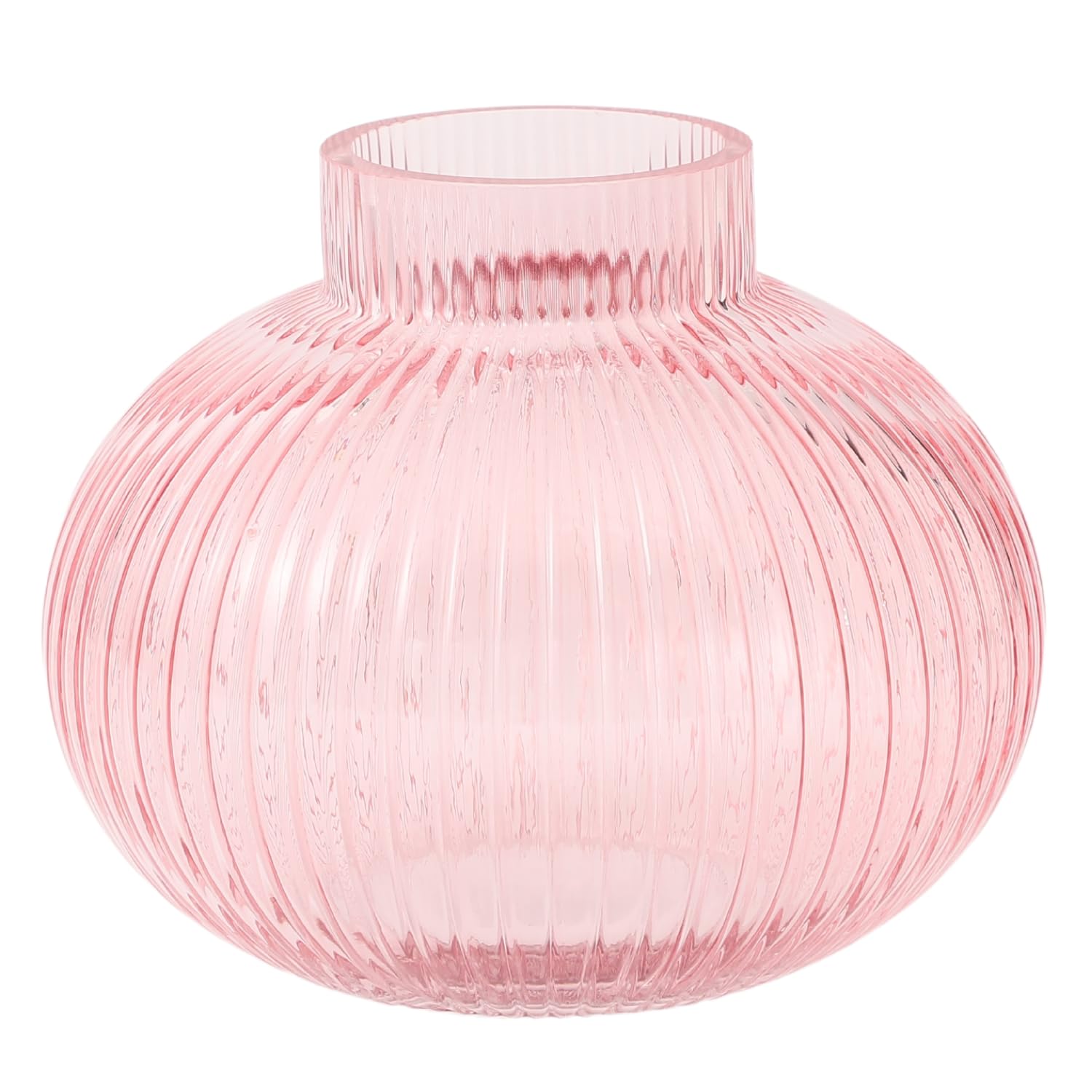 Photo 1 of YANWE1 Pink Glass Vase for Flowers, Ribbed Glass Vase, Round Flower Vases for Tulips, Short Vases for Living Room, Office, Coffee Table, Shelf, Wedding, 6 Inches