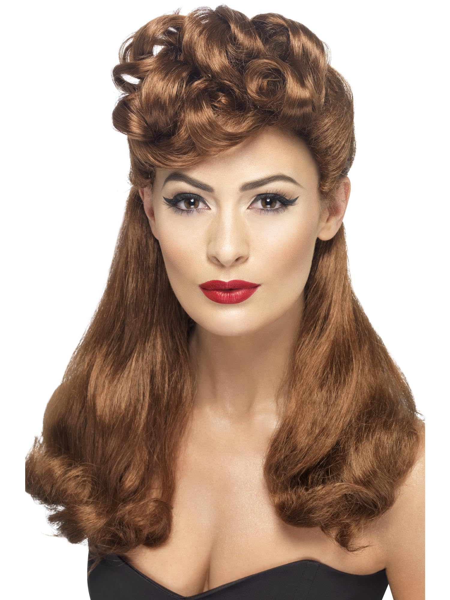 Smiffys 40s Vintage Wig, Auburn Long with Top Curls, 1940's Wartime Fancy Dress, 1940s Dress Up Wigs