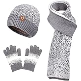 Lrastok Women Winter Hat Scarf Gloves Slouchy Beanie Set, Warm Fleece Hat Long Knit Scarf Touchscreen Gloves