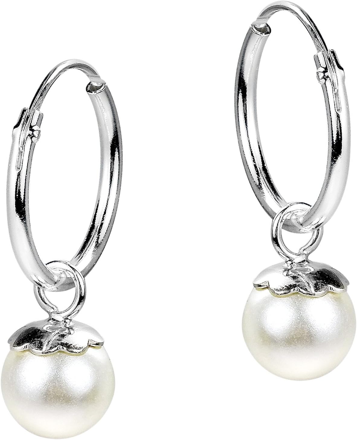Fashionable Moon Orbits White Faux Pearl .925 Sterling Silver Hoop Earrings