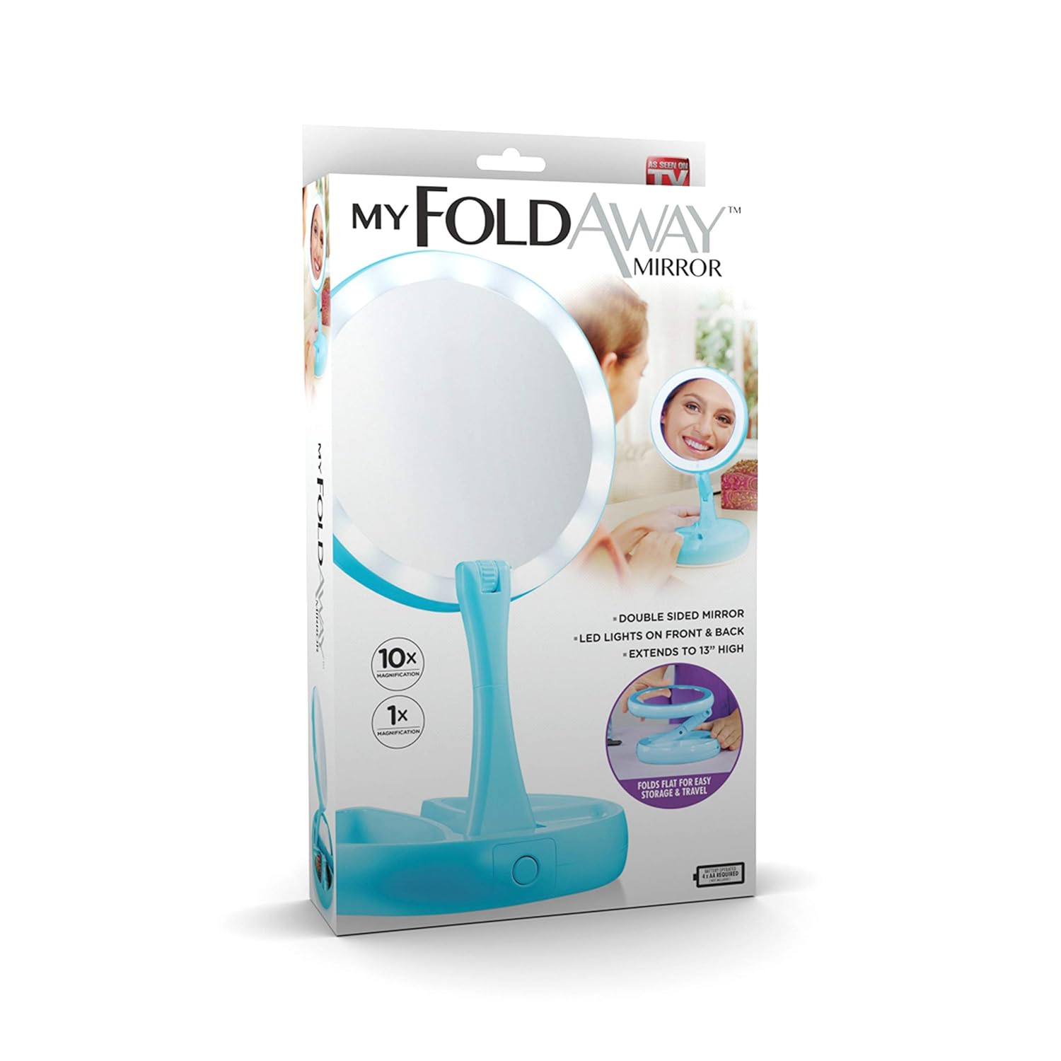 Emson My Foldaway Mirror The Lighted, Double Sided Vanity Mirror 10x Magnification - as Seen On Tv! Teal