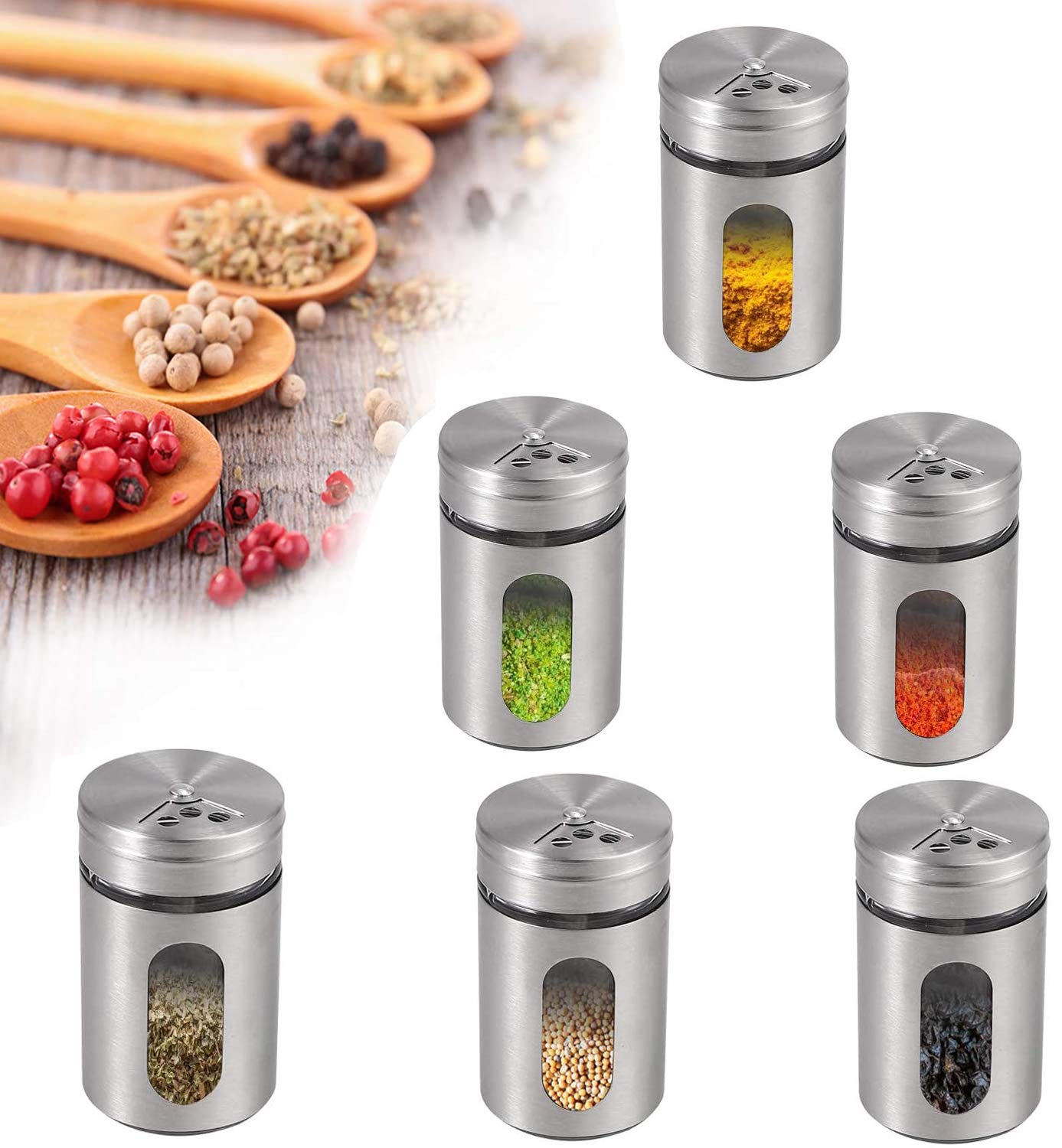 Spice Jars Set, Popular 6pcs Stainless Steel Spice Jars Set, BBQ Spice Storage Containers Spice Organiser Storage Spice Tins Set Spice Container for Salt Black Pepper ect