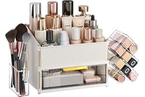 MaxKnoc Makeup Organizer with Drawer, Cosmetic Storage with Brush/Lipstick Holder, Vanity Organizer for Dresser Vanity and Ba
