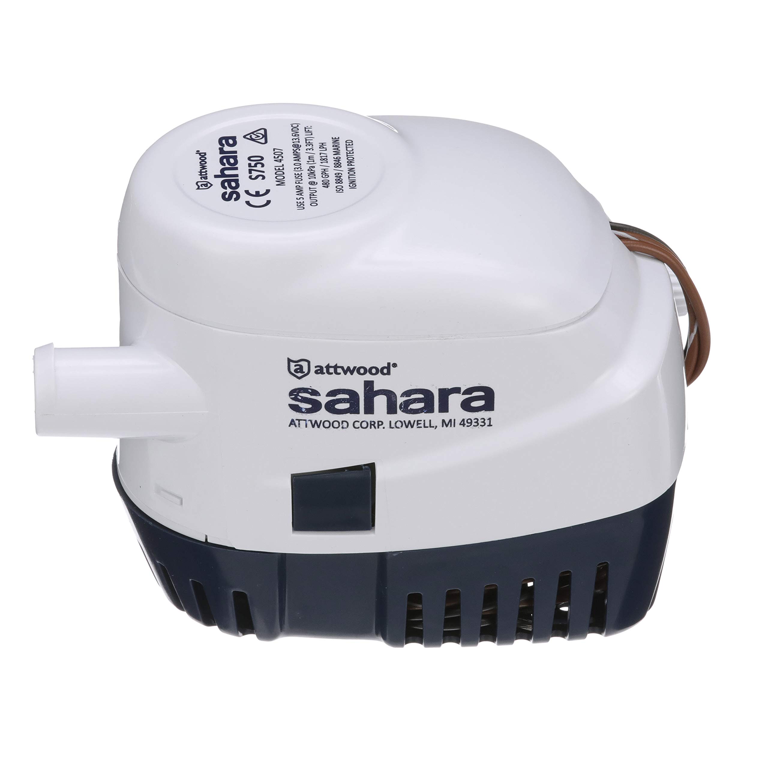 attwood 4507-7 Sahara S750 Automatic Bilge Pump, 12-Volt, 1.5-Amp Draw, ¾-Inch Interior Diameter Hose, 29-Inch 16-Gauge Wire